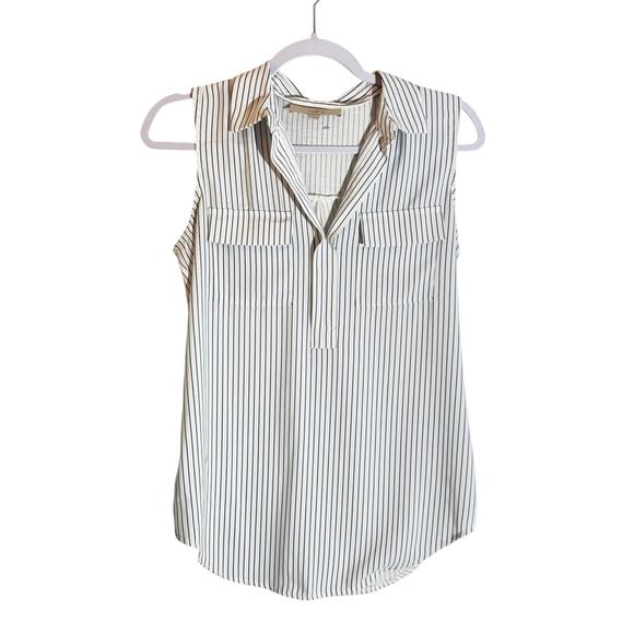 Ann Taylor LOFT Sleeveless Striped Blouse Size S Black White Button V-Neck - Picture 1 of 6